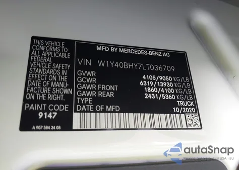 2020 Mercedes-Benz Sprinter 2500 Standard Roof I4 из США, поврежденный, VIN W1Y40BHY7LT036709